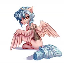 Size: 1280x1252 | Tagged: safe, artist:setharu, cozy glow, pegasus, pony, cigarette, female, looking at you, looking back, looking back at you, looking over shoulder, mare, older, older cozy glow, rear view, russia, sitting, smoking, solo, spread wings, tattoo