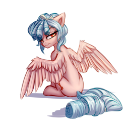 Size: 1582x1548 | Tagged: safe, artist:setharu, edit, cozy glow, pegasus, pony, female, looking at you, looking back, looking back at you, looking over shoulder, mare, older, older cozy glow, rear view, simple background, sitting, solo, spread wings, white background
