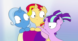 Size: 1272x681 | Tagged: safe, artist:doublewbrothers, screencap, princess cadance, starlight glimmer, sunset shimmer, trixie, alicorn, pony, thought crimes, animated at source, counterparts, female, filly, filly starlight glimmer, filly sunset shimmer, filly trixie, gradient background, open mouth, teen princess cadance, twilight's counterparts, younger