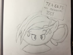 Size: 1386x1040 | Tagged: safe, artist:rainbowdash1804, derpibooru import, rainbow dash, cup, female, inanimate tf, monochrome, objectification, sign, solo, teacup, teacupified, traditional art, transformation