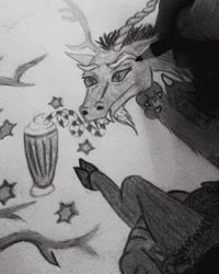 Size: 937x1171 | Tagged: safe, derpibooru import, discord, draconequus, black and white, food, grayscale, irl photo, monochrome, paper, shake, sketch, sketchbook, stars, straw, sweet, traditional art, whipped cream, wip