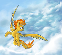 Size: 1280x1152 | Tagged: safe, artist:rocket-lawnchair, derpibooru import, spitfire, pegasus, pony, cloud, female, flying, grin, looking back, mare, sky, smiling, solo, spread wings, wings