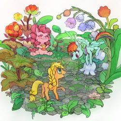 Size: 1200x1200 | Tagged: safe, artist:wormdraws, derpibooru import, applejack, pinkie pie, rainbow dash, earth pony, pegasus, pony, flower, garden