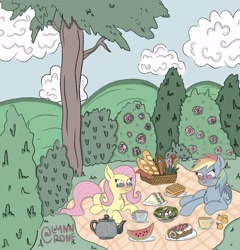 Size: 1970x2048 | Tagged: safe, artist:lynnpone, derpibooru import, fluttershy, rainbow dash, pegasus, pony, blushing, bread, bush, chest fluff, cloud, female, flower, flutterdash, food, lesbian, picnic, sandwich, shipping, teapot, tree, waffle, watermelon