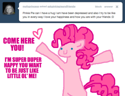 Size: 652x500 | Tagged: safe, artist:askpinkiepieandfriends, derpibooru import, pinkie pie, earth pony, pony, ask, bipedal, female, incoming hug, mare, outstretched arms, simple background, solo, tumblr, white background