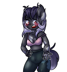 Size: 2800x3000 | Tagged: safe, artist:ranillopa, derpibooru import, oc, oc only, anthro, bat pony, pony, bat pony oc, belly button, blushing, bra, breasts, clothes, commission, digital art, embarrassed, female, pants, simple background, solo, tail, tight clothing, underwear, white background