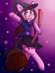 Size: 3000x4000 | Tagged: safe, artist:ranillopa, derpibooru import, oc, oc only, earth pony, pony, broom, clothes, commission, digital art, female, flying, flying broomstick, hat, hooves, mare, open mouth, shirt, skirt, solo, tail, witch, witch hat