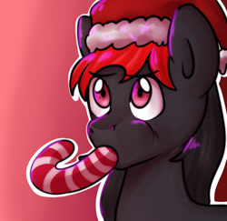 Size: 1280x1245 | Tagged: safe, artist:ranillopa, derpibooru import, oc, oc only, earth pony, pony, candy, candy cane, christmas, commission, digital art, eating, food, hat, holiday, male, santa hat, simple background, solo, stallion, tail