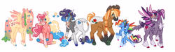 Size: 3978x1201 | Tagged: safe, artist:snailpups, derpibooru import, applejack, fluttershy, pinkie pie, rainbow dash, rarity, twilight sparkle, twilight sparkle (alicorn), alicorn, classical unicorn, earth pony, pegasus, pony, unicorn, alternate design, bracelet, cloven hooves, coat markings, colored wings, eye clipping through hair, female, flower, flower in hair, glasses, high res, jewelry, leonine tail, looking at you, mane six, mare, multicolored hooves, multicolored wings, necklace, rainbow wings, raised hoof, raised leg, ring, simple background, smiling, smiling at you, socks (coat marking), tail, tail feathers, tail ring, unshorn fetlocks, white background, wings