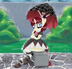 Size: 2010x1920 | Tagged: safe, artist:mrleft, derpibooru import, oc, oc:ossea, pony, semi-anthro, unicorn, blue eyes, bush, clothes, courtyard, female, glare, glowing eyes, gothic, gothic lolita, horn, horse shoes, looking at you, maid, makeup, rain, red mane, red tail, sitting, socks, solo, umbrella, unicorn oc, white coat