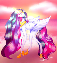 Size: 1280x1415 | Tagged: safe, artist:shizaharu, derpibooru import, princess celestia, alicorn, pony, beach, solo, sunset