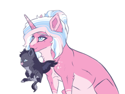 Size: 4000x3000 | Tagged: safe, artist:venommocity, derpibooru import, clear sky, oc, oc:thunderbird, pony, baby, baby pony, colt, female, high res, magical lesbian spawn, male, mother and child, mother and son, mouth hold, offspring, parent and child, parent:clear sky, parent:rainbow dash, parents:cleardash, scruff, simple background, white background