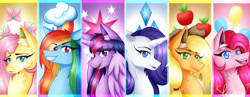 Size: 1280x497 | Tagged: safe, artist:shizaharu, derpibooru import, applejack, fluttershy, pinkie pie, rainbow dash, rarity, twilight sparkle, alicorn, earth pony, pony, unicorn, cutie mark background, female, mane six, mare