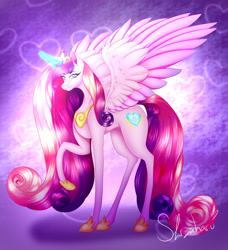 Size: 1280x1402 | Tagged: safe, artist:shizaharu, derpibooru import, princess cadance, alicorn, pony, abstract background, female, glowing horn, heart, horn, mare, raised hoof, raised leg, solo