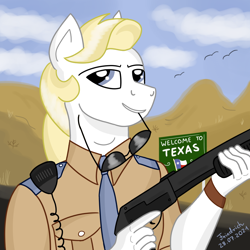 Size: 900x900 | Tagged: safe, artist:friedrich911, derpibooru import, anthro, clothes, gun, highway, highwayman, male, mountain, original character do not steal, police, police officer, shotgun, sky, stallion, sunglasses, texas, uniform, weapon, white