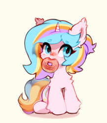 Size: 891x1026 | Tagged: safe, artist:starrcoma, derpibooru import, oc, pony, unicorn, chibi, donut, ear fluff, ears, female, food, mare, mouth hold, simple background, solo, sprinkles, white background