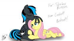 Size: 1446x797 | Tagged: safe, artist:ceehoff, derpibooru import, fluttershy, oc, pegasus, pony, canon x oc, female, hug, kissing, lying down, male, mare, prone, shipping, signature, simple background, smiling, stallion, straight, white background, winghug, wings