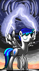 Size: 798x1438 | Tagged: safe, artist:ceehoff, derpibooru import, oc, oc only, pegasus, pony, lightning, male, outdoors, pegasus oc, signature, solo, stallion, wings