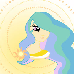 Size: 1920x1920 | Tagged: safe, artist:sarastudly, derpibooru import, princess celestia, human, abstract background, bust, eyelashes, female, hair over one eye, humanized, solo