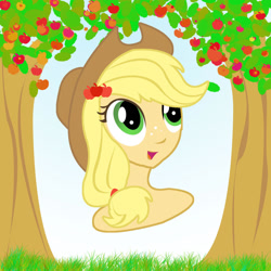 Size: 1440x1440 | Tagged: safe, artist:sarastudly, derpibooru import, applejack, human, apple, apple tree, bust, eyelashes, female, freckles, hat, humanized, solo, tree