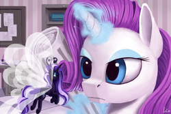 Size: 3000x2000 | Tagged: safe, alternate version, artist:ivg89, derpibooru import, nightmare rarity, rarity, breezie, pony, unicorn, breeziefied, female, glowing horn, horn, lidded eyes, mare, newspaper, revised, self ponidox, species swap, this will end in death, this will end in tears, this will end in tears and/or death, unamused