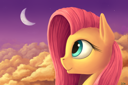 Size: 2500x1660 | Tagged: safe, alternate version, artist:ivg89, derpibooru import, fluttershy, pegasus, pony, cloud, crescent moon, cute, female, moon, profile, revised, shyabetes, solo