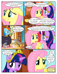 Size: 612x792 | Tagged: safe, artist:newbiespud, derpibooru import, edit, edited screencap, screencap, fluttershy, rainbow dash, twilight sparkle, unicorn twilight, ferret, pegasus, pony, rabbit, unicorn, comic:friendship is dragons, magical mystery cure, animal, big crown thingy, cauldron, comic, dialogue, element of magic, eyelashes, female, fluttershy's cottage, horn, jewelry, mare, open mouth, regalia, screencap comic, swapped cutie marks, tied up, wings, worried