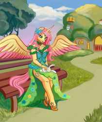 Size: 3890x4632 | Tagged: safe, artist:bartolomy, derpibooru import, angel bunny, fluttershy, oc, oc:princess fluttershy, alicorn, anthro, unguligrade anthro, alicorn oc, alternate character design, alternate clothes, alternate cutie mark, alternate hairstyle, alternate universe, bench, clothes, commission, dress, female, fluttershy's cottage, gala dress, hoof shoes, horn, jewelry, looking at someone, looking down, mare, motherly love, princess fluttershy, sleeping, story included, tiara, two toned wings, wings, ych result