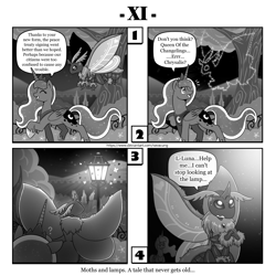 Size: 1200x1200 | Tagged: safe, artist:vavacung, derpibooru import, princess luna, queen chrysalis, alicorn, insect, moth, comic:out of chrysalis, comic, female, lamp, species swap