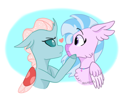 Size: 2281x1761 | Tagged: safe, artist:moccabliss, derpibooru import, ocellus, silverstream, changedling, changeling, classical hippogriff, hippogriff, female, heart, lesbian, ocellustream, shipping