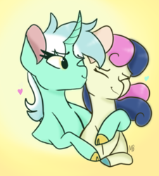 Size: 1454x1611 | Tagged: safe, artist:moccabliss, derpibooru import, bon bon, lyra heartstrings, sweetie drops, pony, female, lesbian, lyrabon, shipping