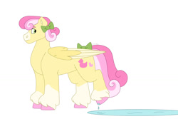 Size: 1280x854 | Tagged: safe, artist:itstechtock, derpibooru import, oc, oc:water lily, pegasus, pony, bow, female, mare, puddle, simple background, solo, tail bow, white background