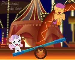 Size: 1920x1536 | Tagged: safe, artist:phantomshadow051, derpibooru import, scootaloo, sweetie belle, pony, circus caravan, female, seesaw, sonic lost world