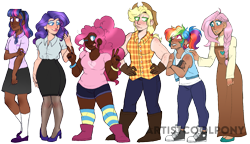 Size: 2033x1175 | Tagged: safe, artist:artistcoolpony, derpibooru import, applejack, fluttershy, pinkie pie, rainbow dash, rarity, twilight sparkle, human, :p, alternate hairstyle, applejack's hat, bandaid, boots, chubby, clothes, converse, cowboy boots, cowboy hat, dark skin, diversity, dress, ear piercing, earring, eyeshadow, female, fingerless gloves, flannel, flats, freckles, gloves, gritted teeth, hat, high heels, hoodie, humanized, jewelry, lipstick, looking at each other, makeup, mane six, nail polish, nylon, one eye closed, peace sign, piercing, shoes, shorts, simple background, size difference, skirt, sleeveless, sleeveless hoodie, socks, stockings, striped socks, tanktop, thigh highs, tongue, tongue out, transparent background, wink