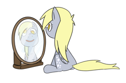 Size: 806x533 | Tagged: safe, artist:cookieboy011, derpibooru import, derpy hooves, pegasus, cute, mirror, reflection, simple background, solo, white background