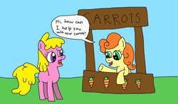 Size: 1777x1042 | Tagged: safe, artist:yorkyloves, derpibooru import, carrot top, cherry berry, golden harvest, earth pony, pony, background pony, carrot, chatting, cherrygasp, female, food, gasp, mare, open mouth, park, speech bubble, stand, talking, that was fast, what was that