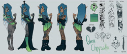 Size: 4700x2000 | Tagged: safe, artist:galaxiedream, derpibooru import, queen chrysalis, human, barefoot, belt, boots, bra, choker, clothes, commission, crown, dark skin, dress, ear piercing, earring, elf ears, eyeshadow, fangs, feet, fishnets, genderfluid, gray background, green underwear, high heel boots, high res, humanized, jacket, jewelry, leather jacket, lipstick, makeup, nail polish, nose piercing, open mouth, panties, piercing, reference sheet, regalia, shoes, simple background, skirt, sleeveless, sleeveless sweater, solo, spiked choker, spiked wristband, sweater, tanktop, tattoo, toenail polish, tongue piercing, torn clothes, underwear, wall of tags, winged humanization, wings, wristband