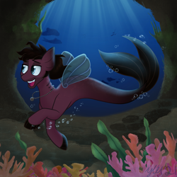 Size: 2048x2048 | Tagged: safe, artist:meowfactor, derpibooru import, pony, seapony (g4), bring me the horizon, bubble, colored pupils, commission, coral, facial hair, fins, fish tail, gills, jewelry, jordan fish, male, necklace, open mouth, ponified, scales, solo, swimming, teeth, underwater, ych result