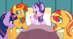 Size: 1280x691 | Tagged: safe, artist:star-gaze-pony, derpibooru import, luster dawn, starlight glimmer, sunburst, sunset shimmer, twilight sparkle, twilight sparkle (alicorn), alicorn, pony, baby, baby pony, luster dawn is starlight's and sunburst's daughter, younger