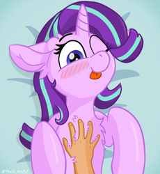 Size: 4000x4348 | Tagged: safe, alternate version, artist:d3f4ult_4rt1st, derpibooru import, starlight glimmer, human, pony, unicorn, absurd resolution, alternate character, blushing, chest fluff, cute, ear fluff, ears, floppy ears, glimmerbetes, hand, human on pony petting, lying down, on back, one eye closed, petting, solo, tongue, tongue out