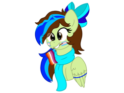 Size: 2160x1620 | Tagged: safe, artist:froyo15sugarblast, derpibooru import, oc, oc:epsi, pegasus, pony, bow, clothes, face paint, female, halfbody, lesbian, looking at you, multicolored hair, pride, pride flag, procreate app, requested art, scarf, simple background, smiling, solo, trans female, transgender, transgender pride flag, white background