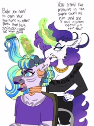 Size: 2624x3507 | Tagged: safe, artist:dodiejinx, derpibooru import, oc, oc only, oc:amelle sky, oc:rahulib, anthro, dracony, hybrid, zebra, annoyed, anthro oc, breasts, cleavage, crossdressing, duo, female, glowing horn, hair curlers, hair spray, hairdresser, horn, interspecies offspring, lipstick, magic, male, offspring, parent:rarity, parent:spike, parents:sparity, simple background, white background, zebra oc