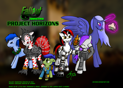 Size: 1181x839 | Tagged: safe, artist:arconius, oc, oc only, oc:blackjack, oc:lacunae, oc:morning glory (project horizons), oc:p-21, oc:rampage, oc:scotch tape, cyborg, earth pony, pegasus, pony, unicorn, fallout equestria, fallout equestria: project horizons, armor, artificial alicorn, barbed wire, bloodshot eyes, clothes, cyber eyes, cyber legs, daffodil and daisy sandwich, eating, facehoof, fanfic art, female, filly, food, grenade, grin, hoofclaw, level 1 (project horizons), magic, male, mare, pipbuck, prosthetic leg, prosthetic limb, prosthetics, purple alicorn (fo:e), sandwich, smiling, spiked armor, stallion, telekinesis, text, vault suit, wild pegasus