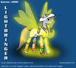 Size: 992x893 | Tagged: safe, artist:arconius, oc, oc only, oc:littlepip, pony, unicorn, fallout equestria, armor, artificial wings, augmented, celestia's cutie mark, fanfic, fanfic art, female, hooves, horn, lightbringer, magic, magic wings, mare, pipbuck, simple background, solo, tech armor, text, virtual reality, wings