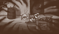 Size: 854x485 | Tagged: safe, artist:kalemon, oc, oc only, oc:murky, pegasus, pony, fallout equestria, fallout equestria: murky number seven, alley, alleyway, fanfic art, fleece, glowing eyes, male, monochrome, scared, shadow, solo focus, stallion