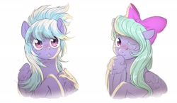 Size: 2576x1496 | Tagged: safe, artist:ghoasthead, cloudchaser, flitter, pegasus, pony, blushing, bust, cute, cutechaser, duo, female, flitterbetes, looking at you, mare, one eye closed, siblings, simple background, sisters, smiling, smiling at you, weapons-grade cute, white background, wink, winking at you