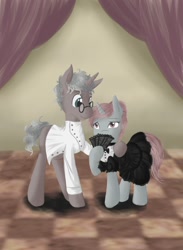 Size: 1100x1500 | Tagged: safe, artist:mingle, derpibooru import, oc, oc:ordalia, clothes, coat, curtain, duo, fan, female, husband and wife, male, mare, married, married couple, stallion, straight