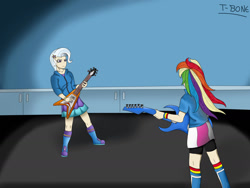 Size: 1280x960 | Tagged: safe, artist:t-bon3thepony, derpibooru import, rainbow dash, trixie, equestria girls, guitar centered, rainbow rocks, duo, female, guitar, musical instrument, room