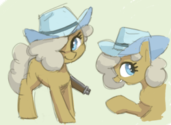 Size: 968x710 | Tagged: safe, artist:plunger, derpibooru import, oc, oc:the mare with no name, earth pony, pony, female, gun, hat, one eye closed, simple background, solo, weapon, white background, wink