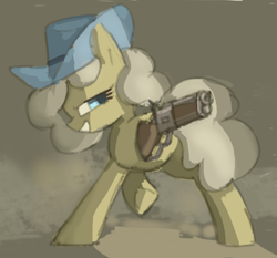 Size: 658x614 | Tagged: safe, artist:plunger, derpibooru import, oc, oc only, oc:the mare with no name, earth pony, pony, earth pony oc, female, gun, hat, side view, simple background, smiling, smirk, solo, weapon